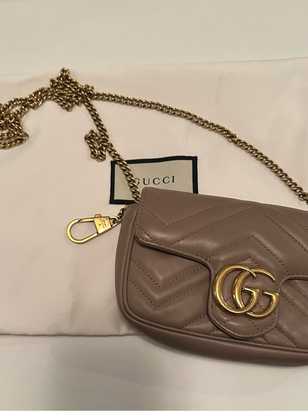 Gucci Mini Marmont Chain Shoulder Bag in Taupe Brown with Gold Hardware